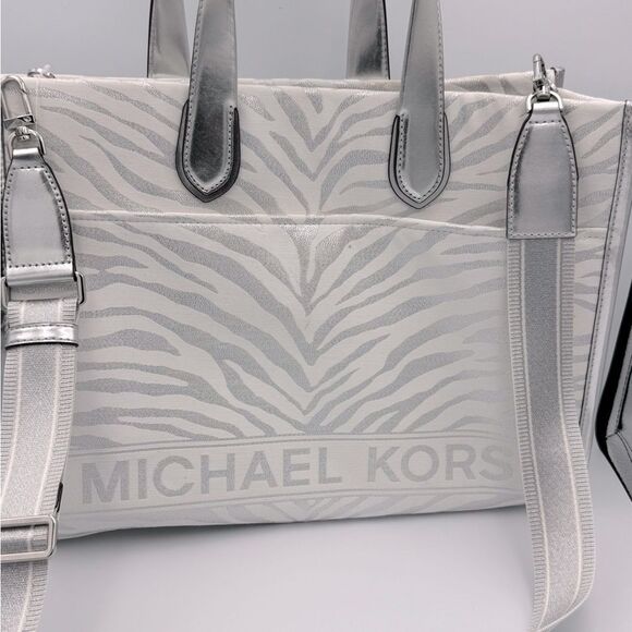 Michael Kors Silver Metallic Gigi Zebra Print Large Grab Tote Bag purse NWT - Picture 6 of 16